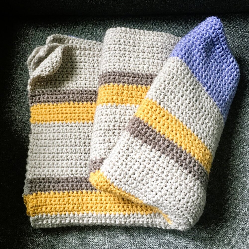 Hand Crocheted Rectangular Gray Tan Lilac Yellow Striped Lap Blanket Throw